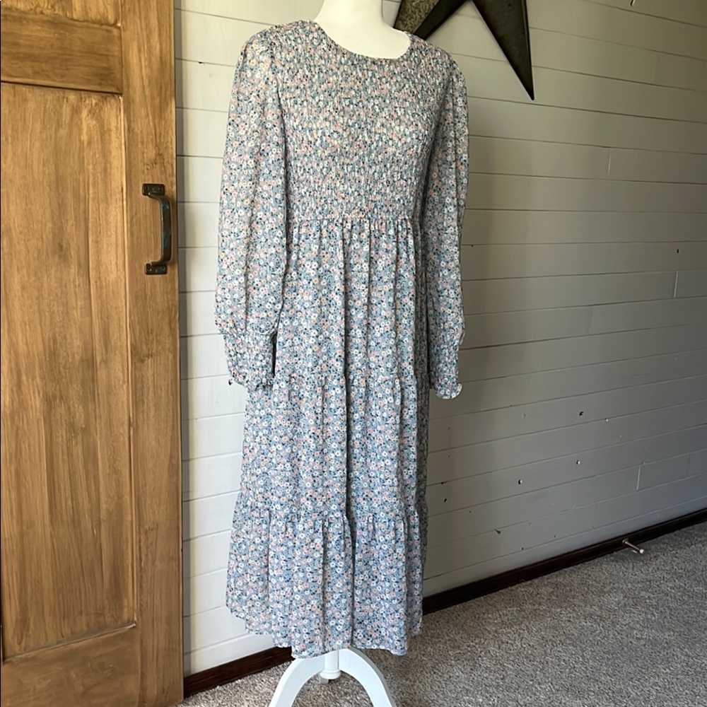 Floral Multicolored Maxi Dress with Bishop Sleeves Sz L